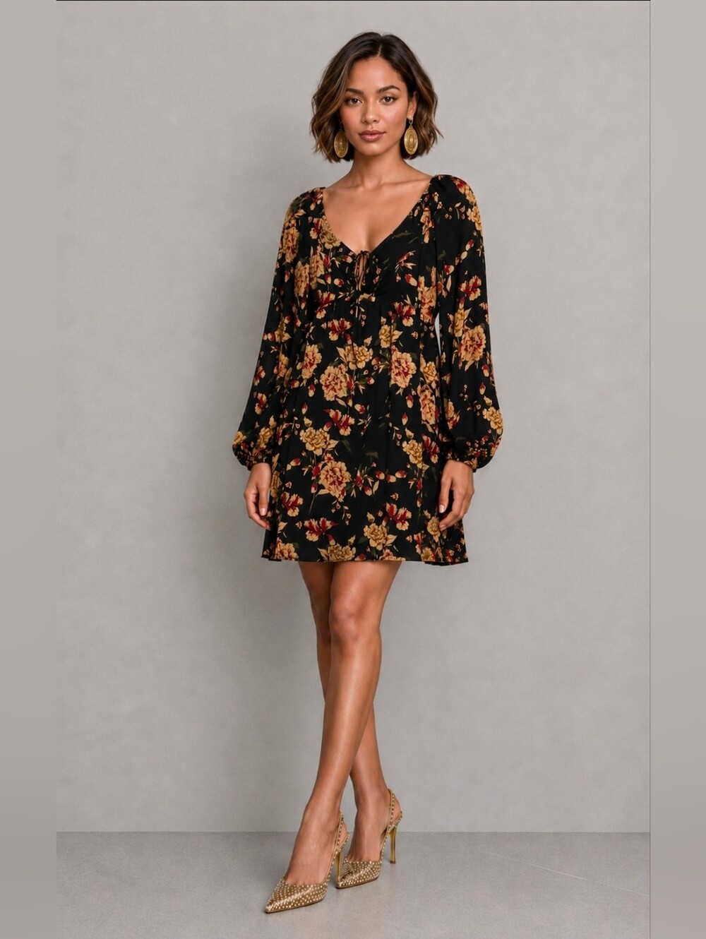 Nasty Gal Black Floral Long-Sleeve Tie-Front Mini Dress Size 4 NEW